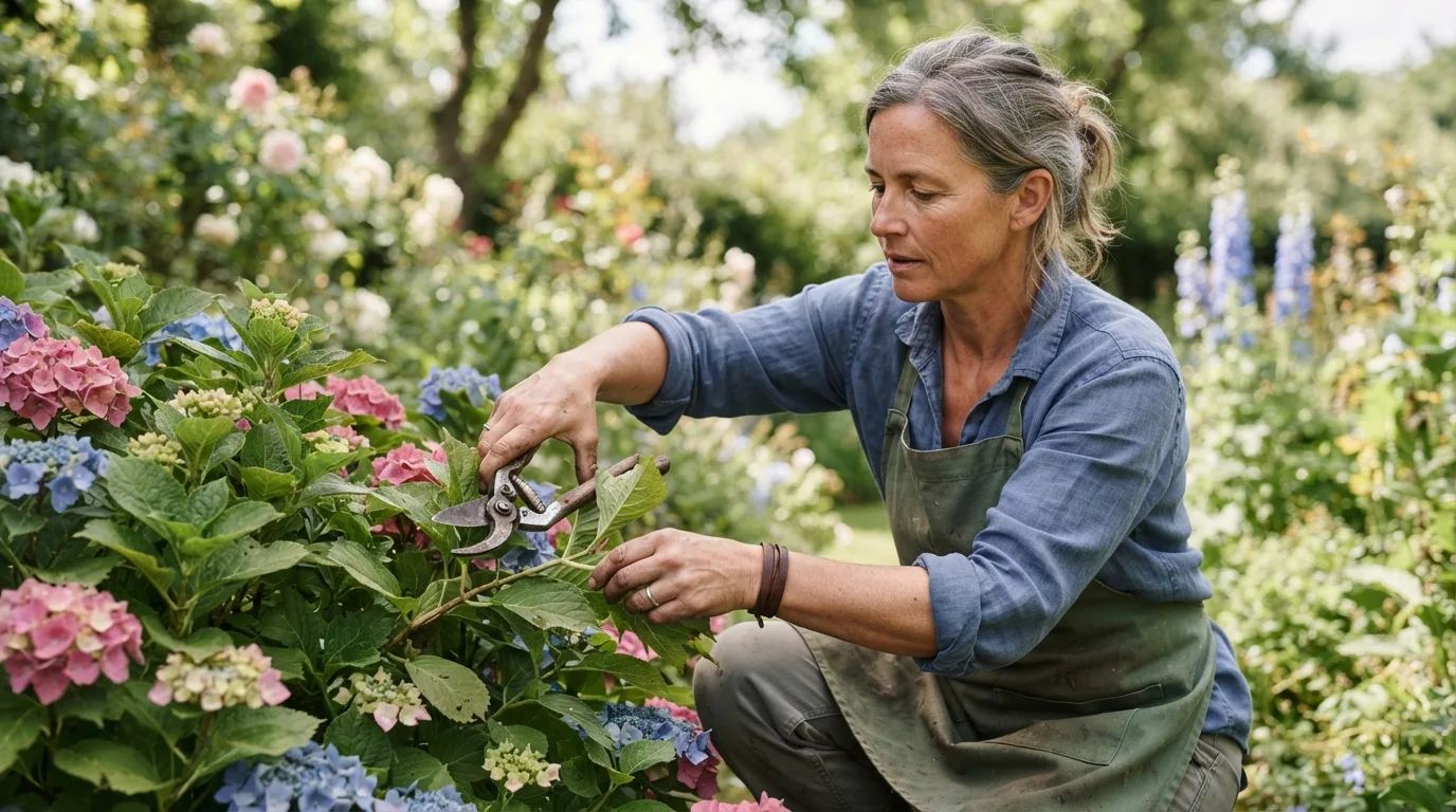 a gardener trimming a flowering shrub with pruning shears