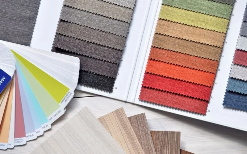 Colorful fabric and paint swatches laid out for design inspiration and material selection.