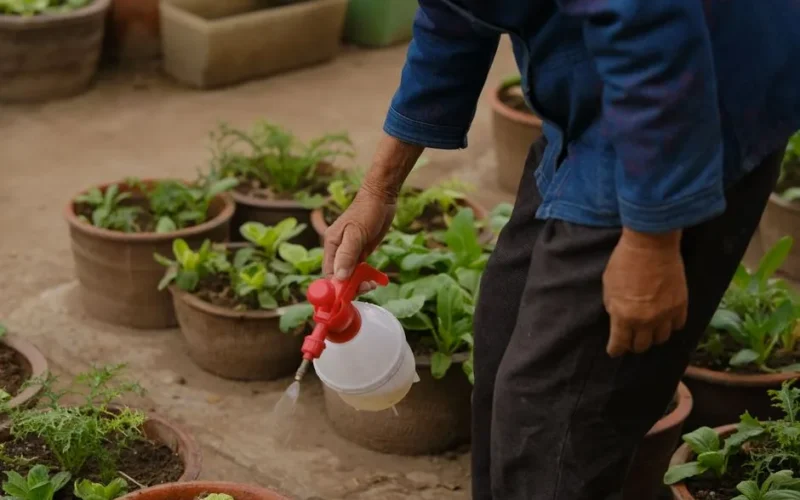 Close-up of a gardener watering potted plants with a spray bottle outdoors.