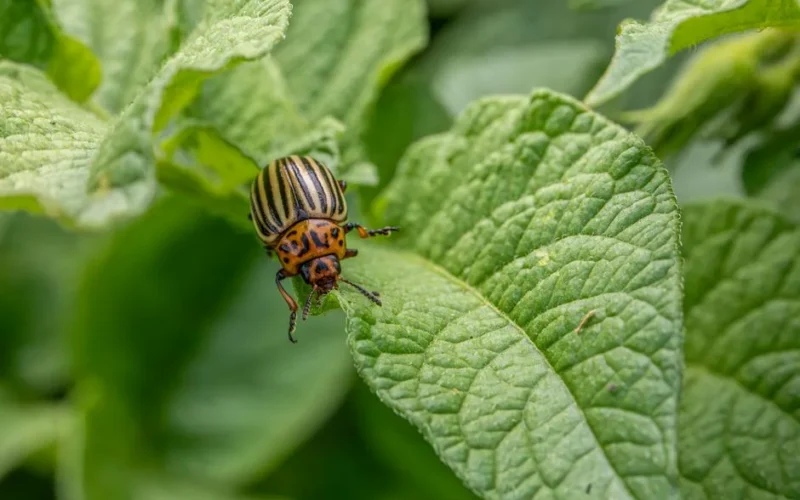 Macro shot of a Colorado potato beetle on green potato foliage.