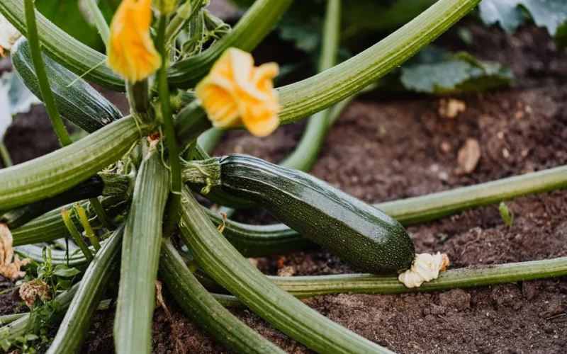 Close-up of a healthy zucchini plant with yellow blossoms growing in fresh soil.