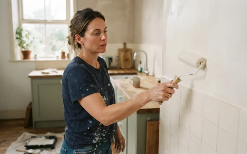 a person painting a kitchen wall