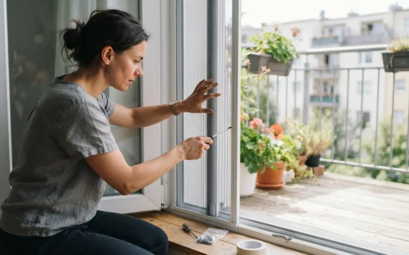 a person installing a mosquito net on a balcony door
