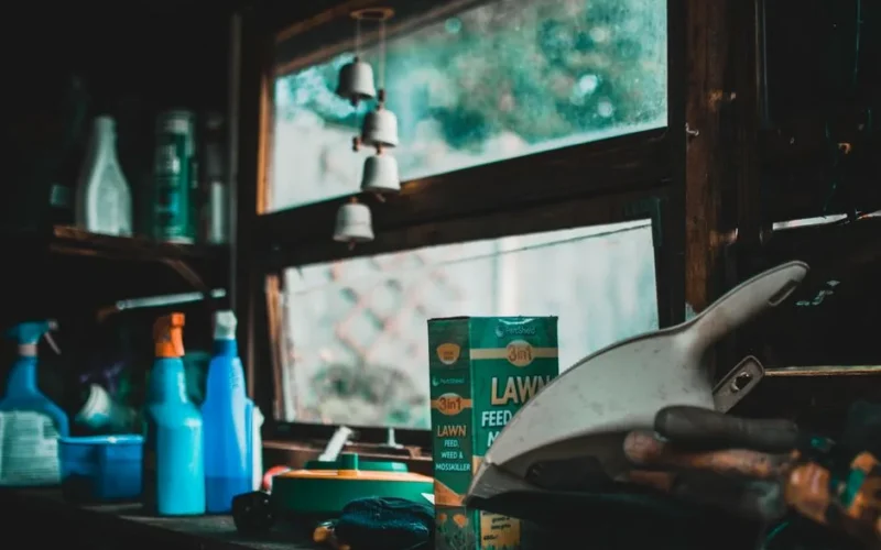 A cozy indoor garden shed scene with tools and lawn supplies by a window.