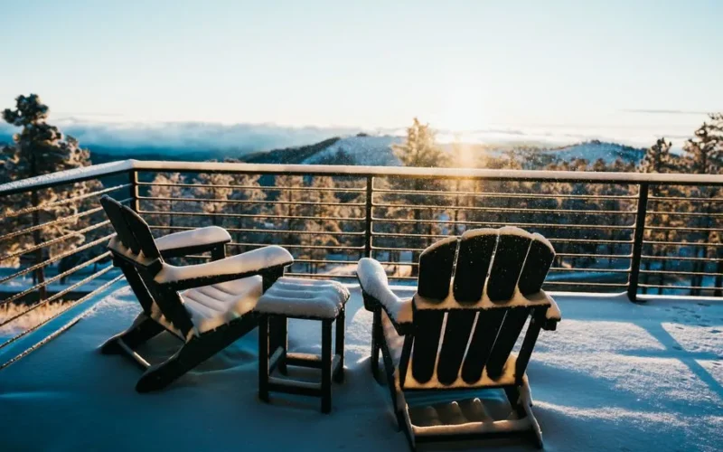Snow-covered balcony with chairs overlooking a winter sunrise and mountain view.
