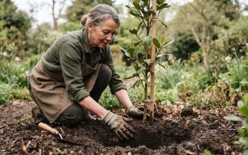 a gardener planting a young magnolia tree in soil