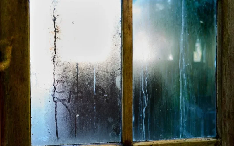 Close-up of a moist wooden window pane with condensation creating artistic streaks in Leiden, Netherlands.