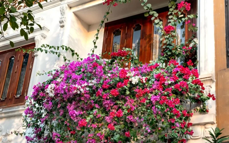 Colorful bougainvillea flowers cascading elegantly over a vintage balcony, creating a vibrant garden feel.