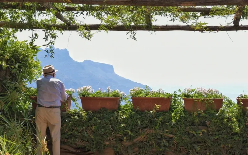 An elderly man enjoys the view of the Amalfi Coast from a lush garden terrace in Campania, Italy.