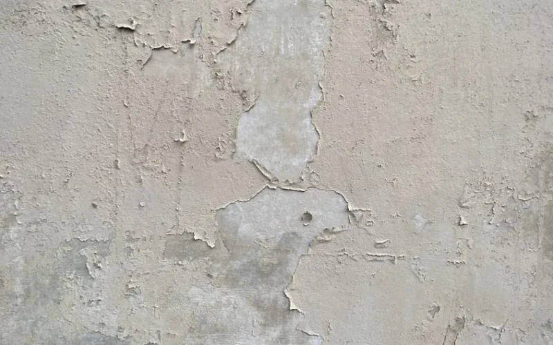 A close-up of a textured plaster wall with peeling paint, ideal for backgrounds.