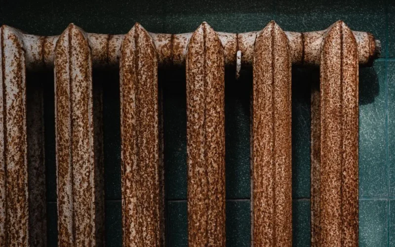 Close-up of a rusty old radiator with textured surface against green tiles, revealing industrial decay.