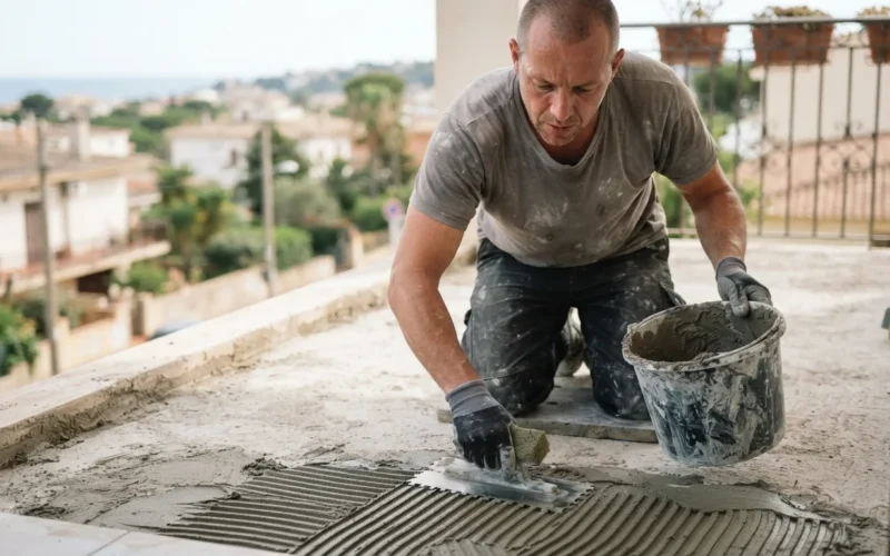 a person applying tile adhesive on an outdoor balcony floor