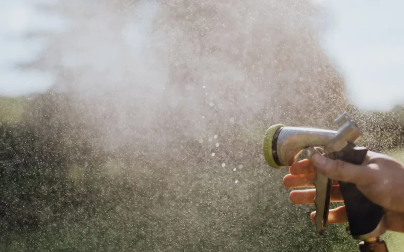A hand holding a garden hose spray nozzle, misting water in an outdoor garden setting.