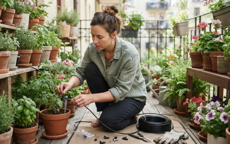 a person setting up a DIY watering system for potted plants on a balcony