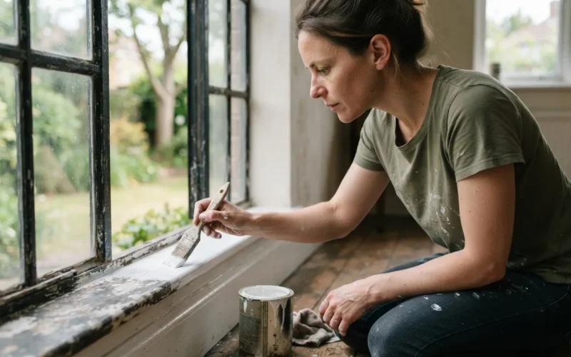 a person painting a metal window sill