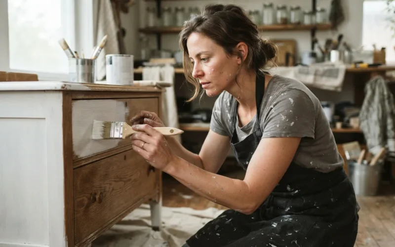 a person painting a piece of furniture with a brush