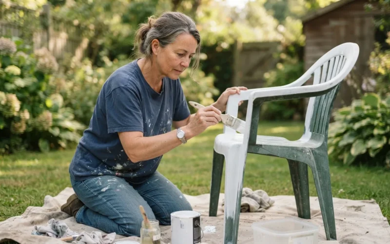 a person painting a plastic garden chair outdoors