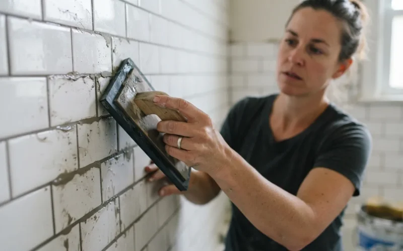 a person applying grout to tiles with a rubber float