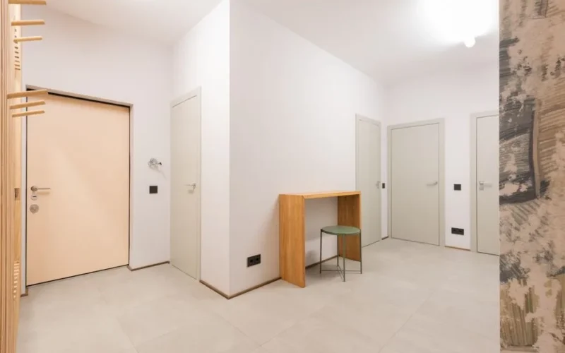 Bright minimalist hallway in a modern apartment featuring clean lines and contemporary style.