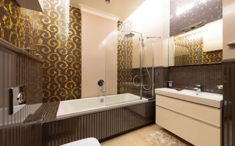 Contemporary bathroom featuring a luxurious design with modern fixtures and patterned tiles.