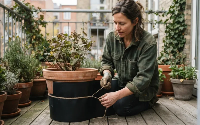 a person wrapping a plant pot with a heating mat on a balcony