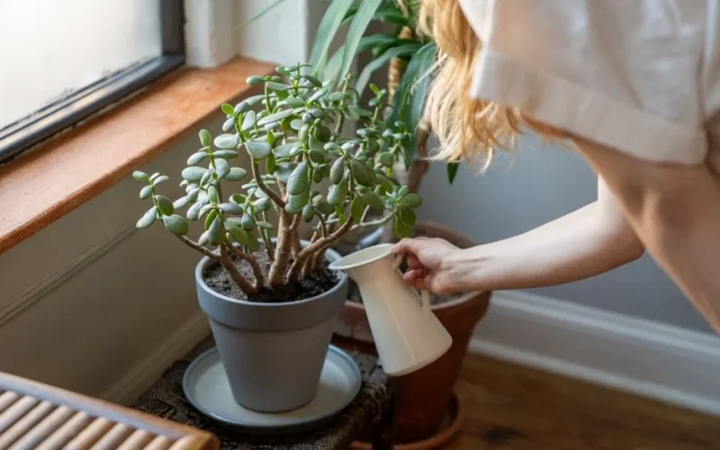 A woman gently waters her potted houseplants by a sunny window, embracing an indoor gardening routine.