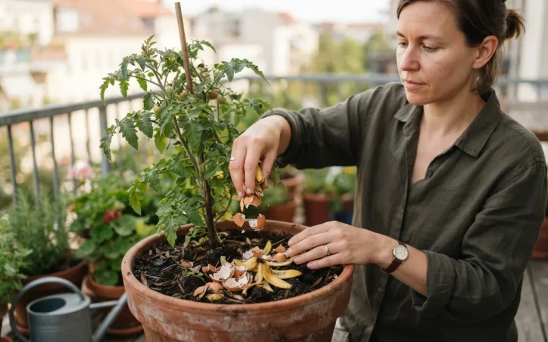 a person adding crushed eggshells and banana peels to a potted plant on a balcony