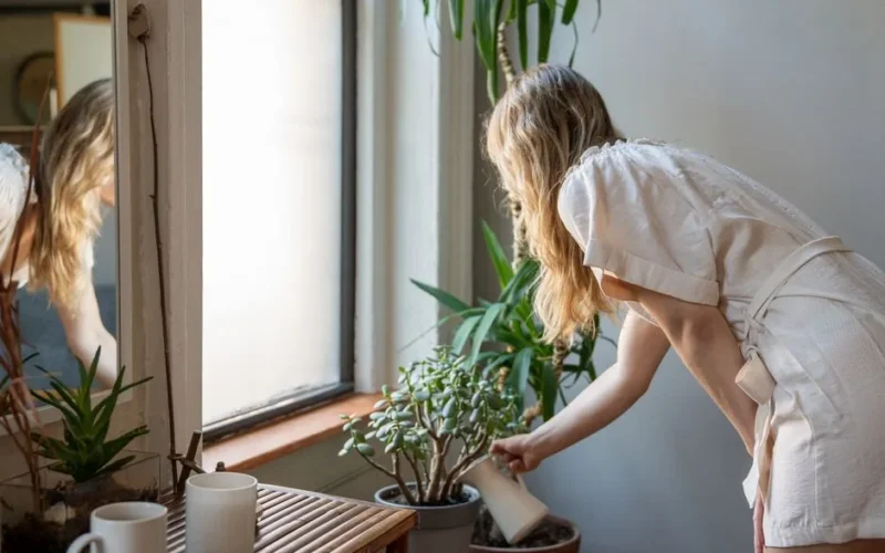 A woman waters potted plants by a sunlit window in a cozy home interior.