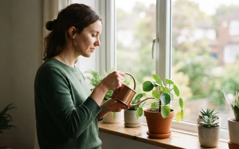 a person watering a potted plant on a windowsill