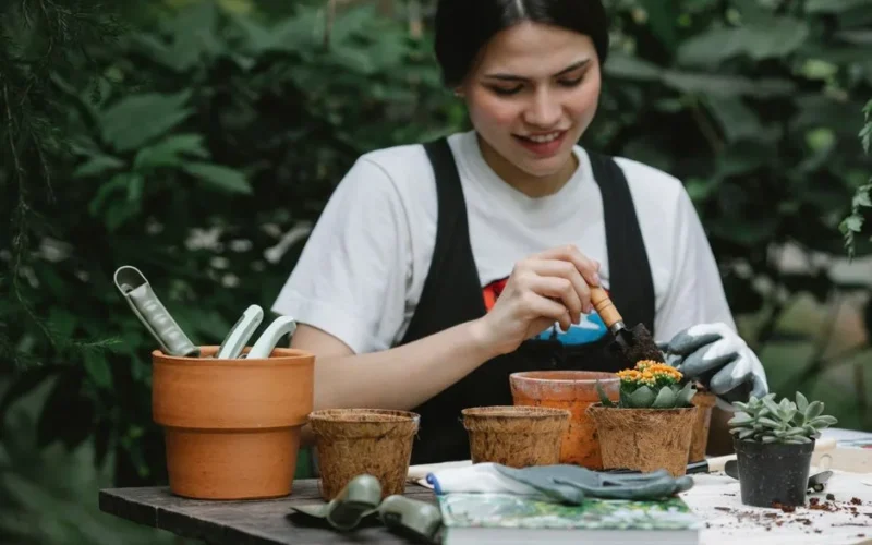 Positive female gardener in gloves with shovel planting flower in peat pot in garden