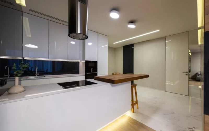 Modern kitchen interior with counter and appliances and glossy cabinets under shining lamps