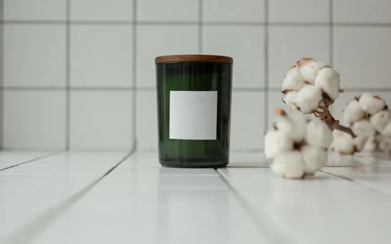 Aesthetic green glass candle jar with blank label and cotton plant decor on tiled surface.