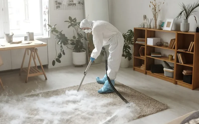 A woman in protective gear disinfects a carpet indoors to ensure safety during the COVID-19 pandemic.