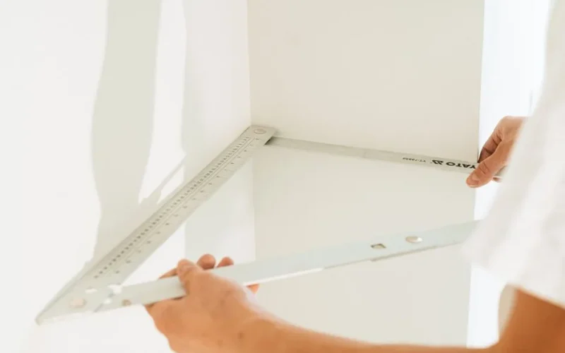 Close-up of a person measuring a corner with a metal square for home improvement or carpentry.