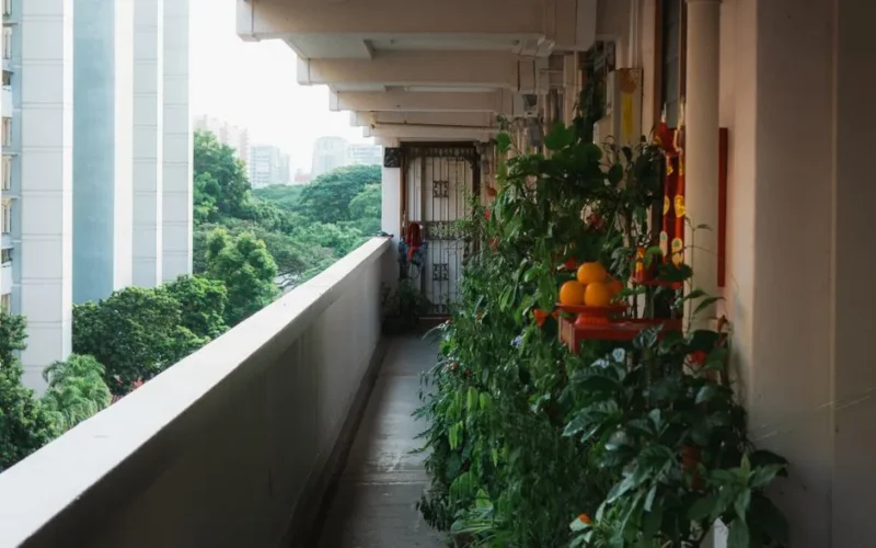 A lush balcony garden in an urban setting, featuring vibrant green plants and distant skyscrapers.