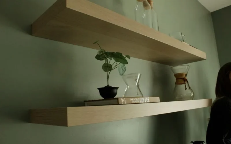 Chic floating shelves with books, decorative plants, and carafes on a green wall.