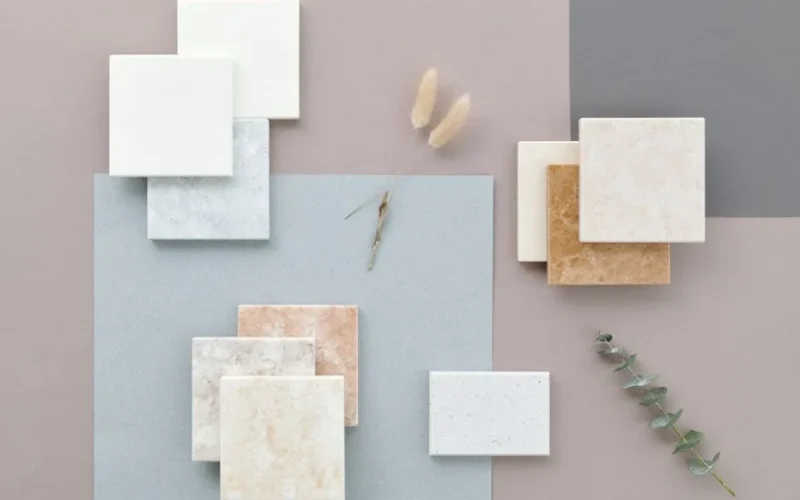Artistic flat lay of marble and ceramic tiles on a gray surface with subtle plants for interior design inspiration.