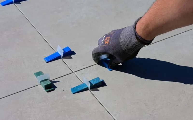 A close-up of a gloved hand installing tiles with spacers on a sidewalk.